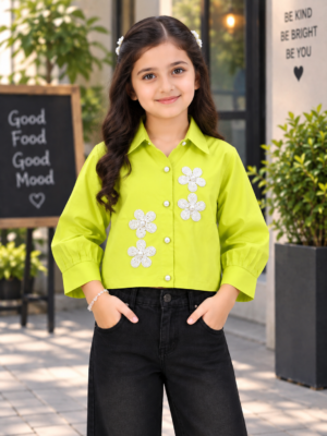 T1005EM Girls Lime Green Floral Appliqué Cropped Shirt – Premium Imported Fabric T1005EM-218-P GRN