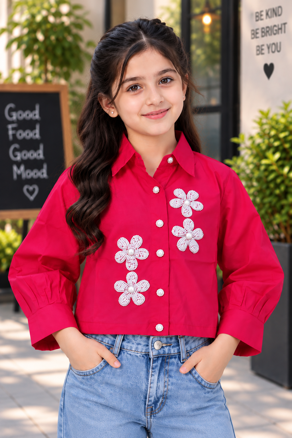 T1005EM Girls Hot Pink Floral Pearl Appliqué Cropped Shirt – Premium Imported Fabric T1005EM-218-RANI