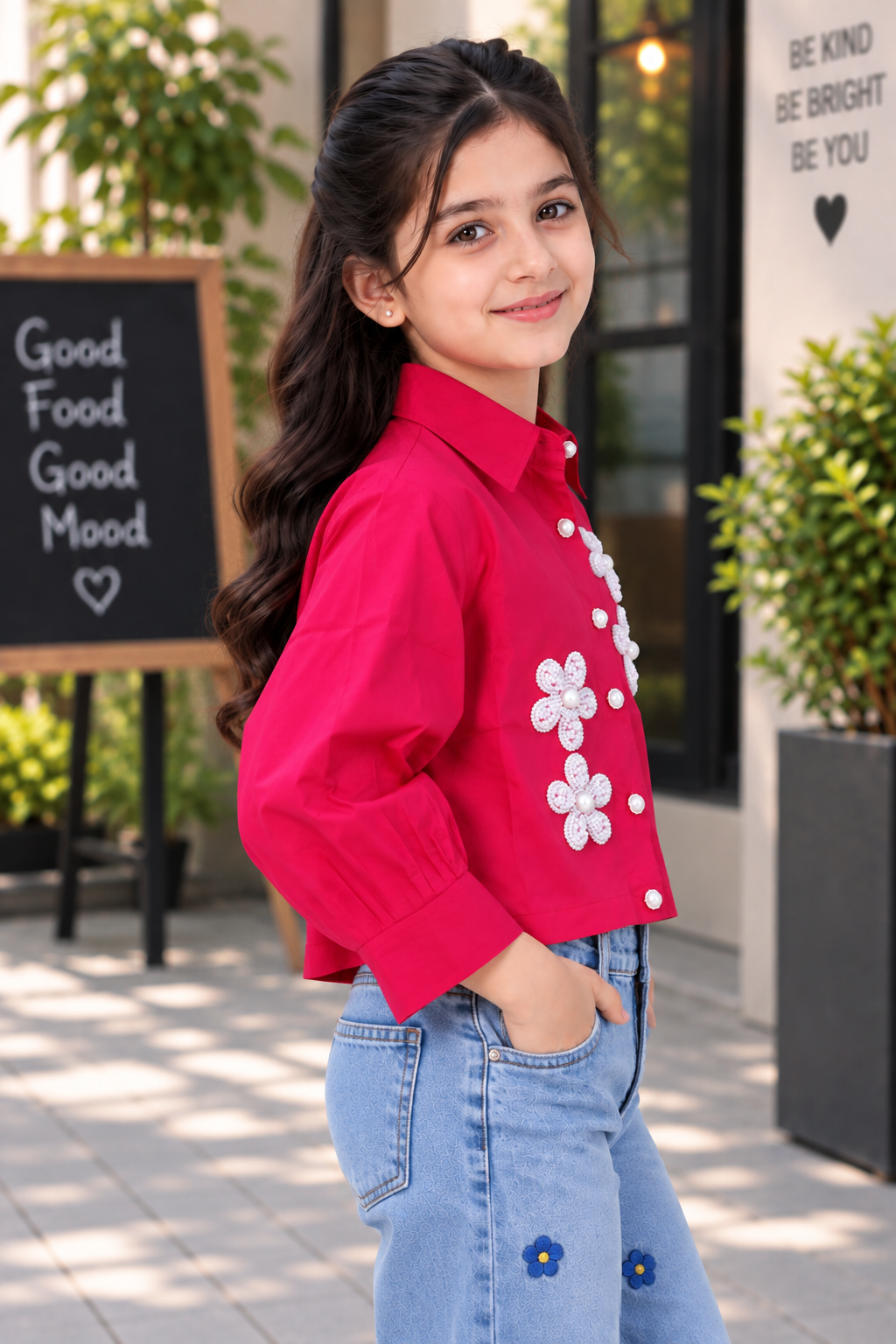T1005EM Girls Hot Pink Floral Pearl Appliqué Cropped Shirt – Premium Imported Fabric T1005EM-218-RANI - Image 4