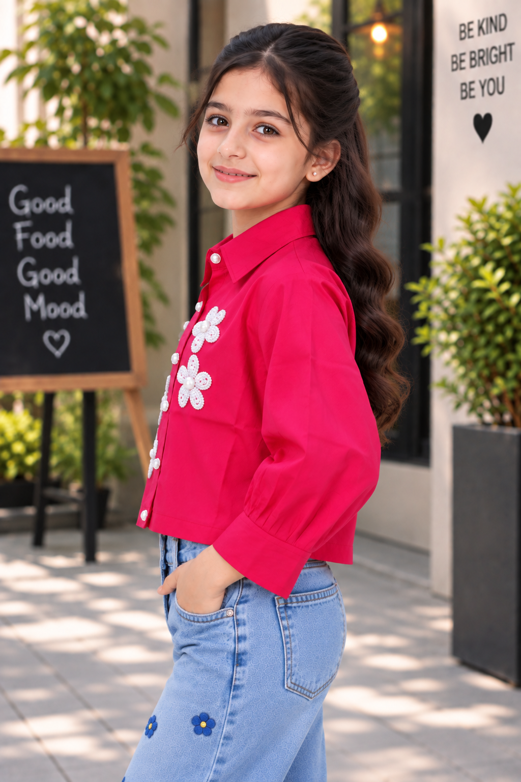 T1005EM Girls Hot Pink Floral Pearl Appliqué Cropped Shirt – Premium Imported Fabric T1005EM-218-RANI - Image 3