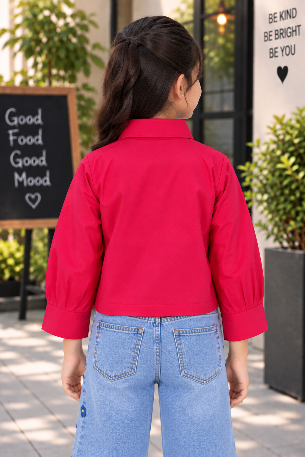 T1005EM Girls Hot Pink Floral Pearl Appliqué Cropped Shirt – Premium Imported Fabric T1005EM-218-RANI - Image 2