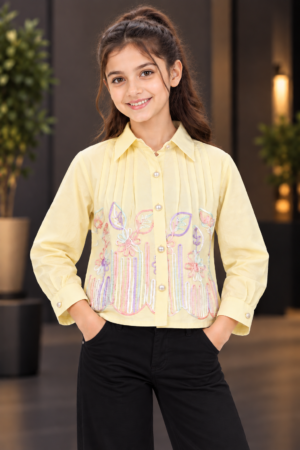 T1087FL Girls Pastel Yellow Floral Embroidered Pleated Shirt – Premium Imported Fabric T1087FL-218-LMN