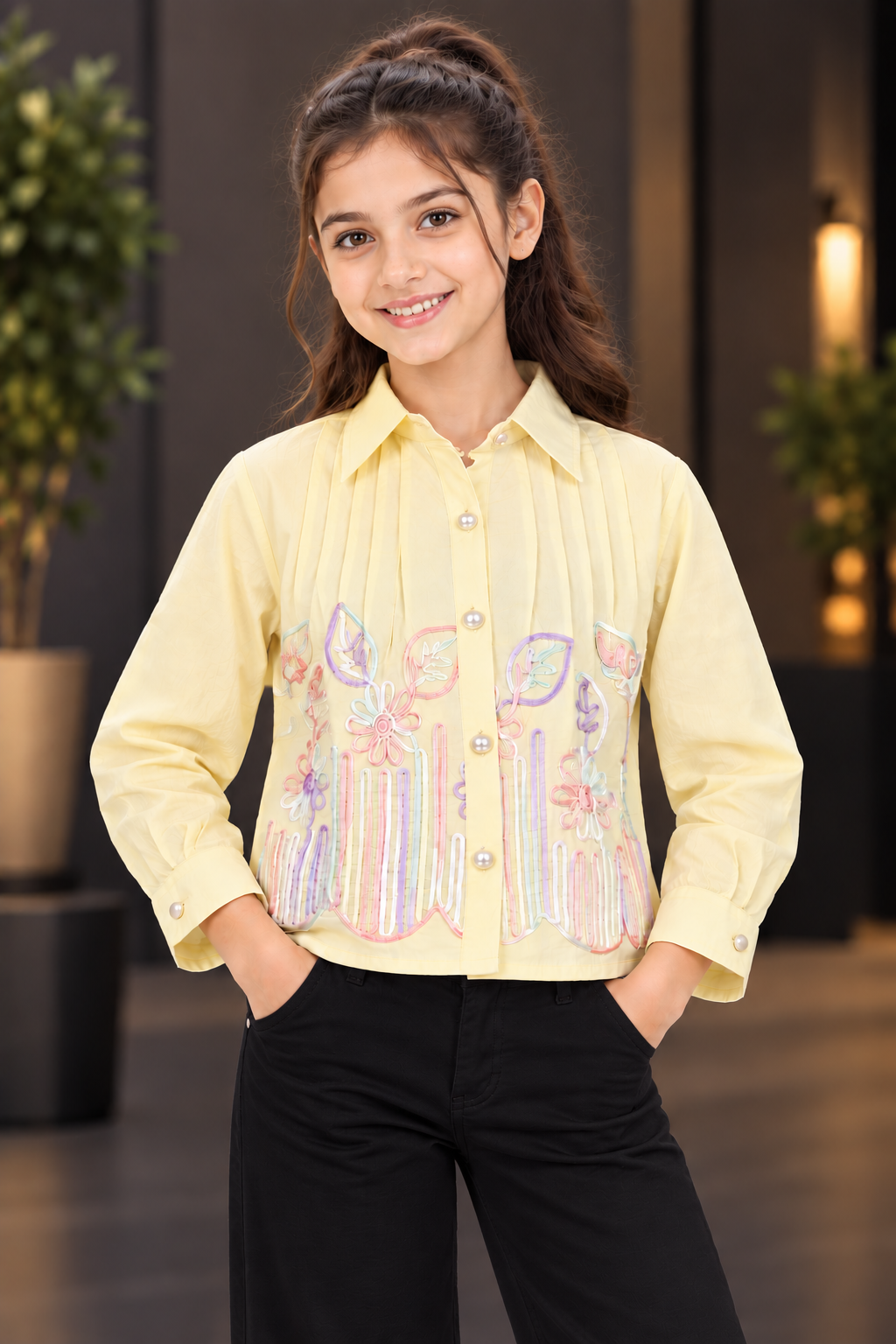 T1087FL Girls Pastel Yellow Floral Embroidered Pleated Shirt – Premium Imported Fabric T1087FL-218-LMN