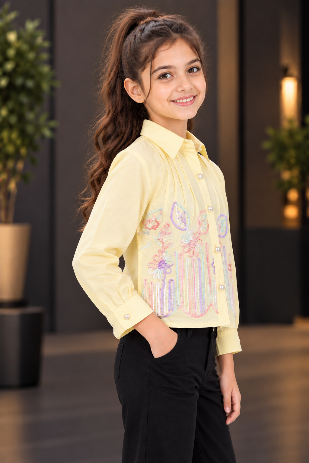 T1087FL Girls Pastel Yellow Floral Embroidered Pleated Shirt – Premium Imported Fabric T1087FL-218-LMN - Image 3