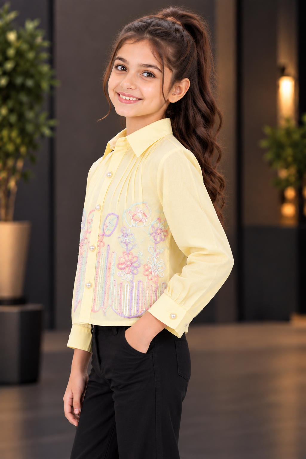 T1087FL Girls Pastel Yellow Floral Embroidered Pleated Shirt – Premium Imported Fabric T1087FL-218-LMN - Image 2