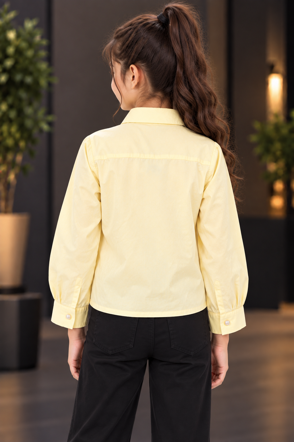 T1087FL Girls Pastel Yellow Floral Embroidered Pleated Shirt – Premium Imported Fabric T1087FL-218-LMN - Image 4
