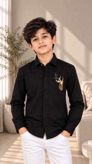 6368EM Boys’ Black Full-Sleeve Deer Embroidered Shirt – Japanese Fabric 6368EM-467-BLK