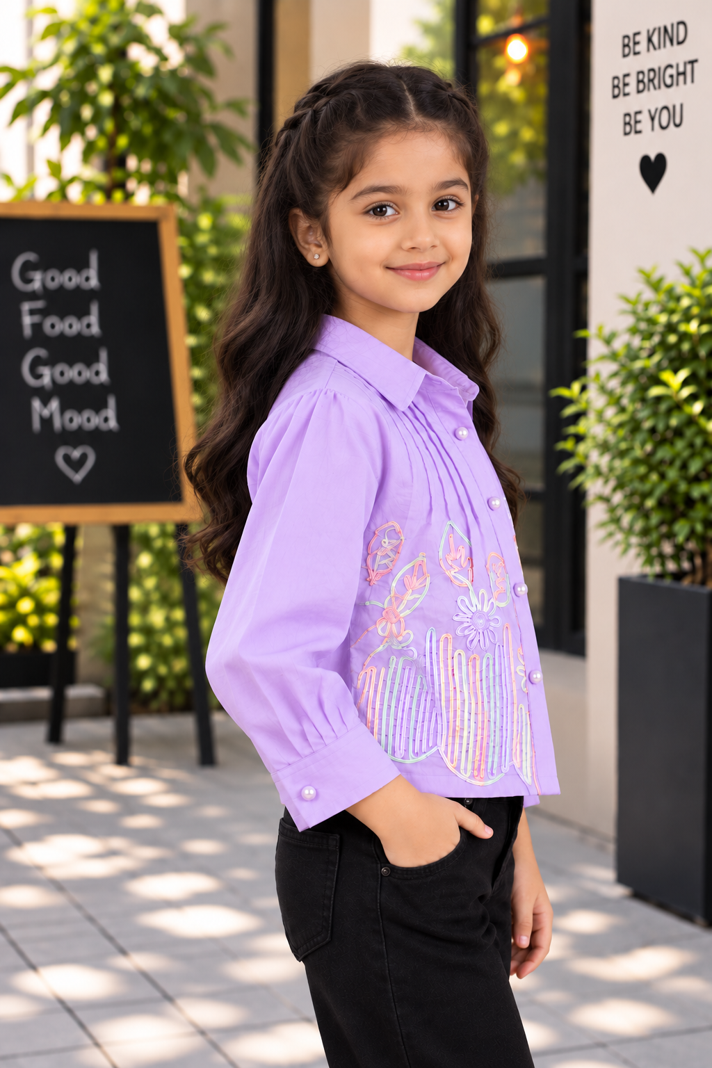 T1087FL Girls Lavender Floral Embroidered Cropped Shirt – Premium Imported Fabric T1087FL-218-LAV - Image 3