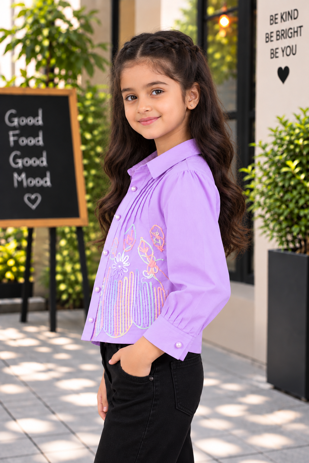 T1087FL Girls Lavender Floral Embroidered Cropped Shirt – Premium Imported Fabric T1087FL-218-LAV - Image 2