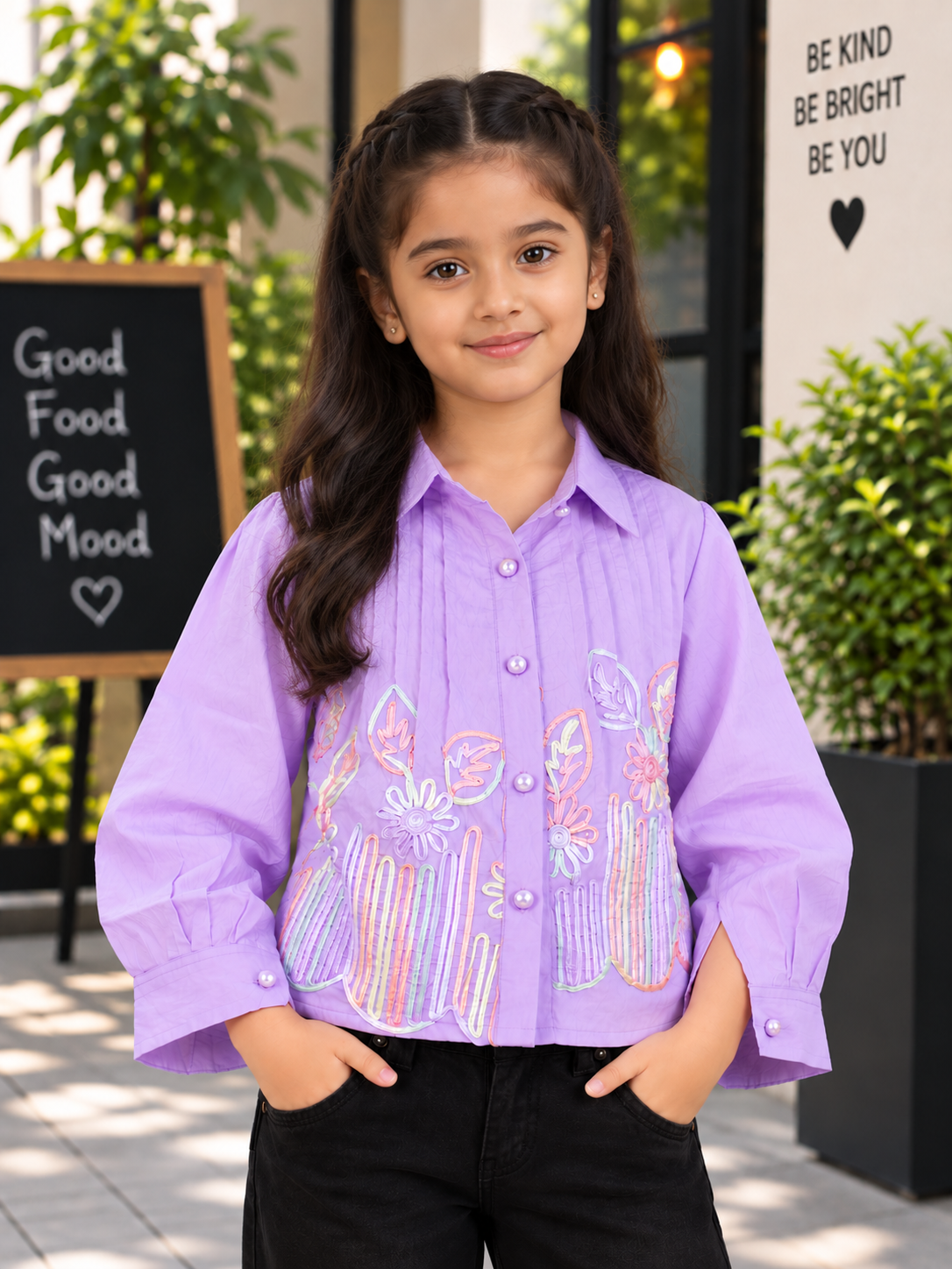 T1087FL Girls Lavender Floral Embroidered Cropped Shirt – Premium Imported Fabric T1087FL-218-LAV