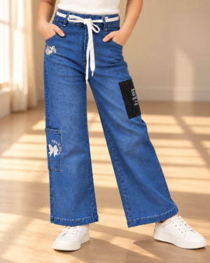 139PL Girls’ Blue Straight-Fit Denim Pants – Imported Fabric with Contrast Side Stripes & Tie-Up Waist 139PL-463-L BLU