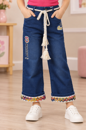 25208 Girls’ Dark Blue Straight-Fit Denim Pants – Imported Fabric with Tassel Rope Belt & Multicolor Embroidered Hem 25208-30-D BLU