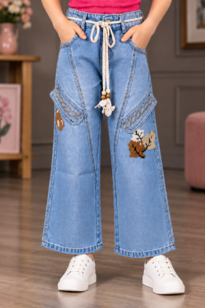 25342 Girls’ Light Blue Straight-Fit Denim Pants – Imported Fabric with Rope Belt & Butterfly Patch Detail 25342-30-L BLU