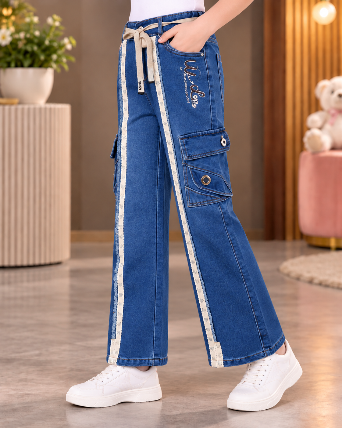 25621PL Girls’ Trendy Blue Denim Cargo Pants – Wide Leg Fit with Utility Pockets & Contrast Tape Detail 25621PL-30-BLU - Image 2