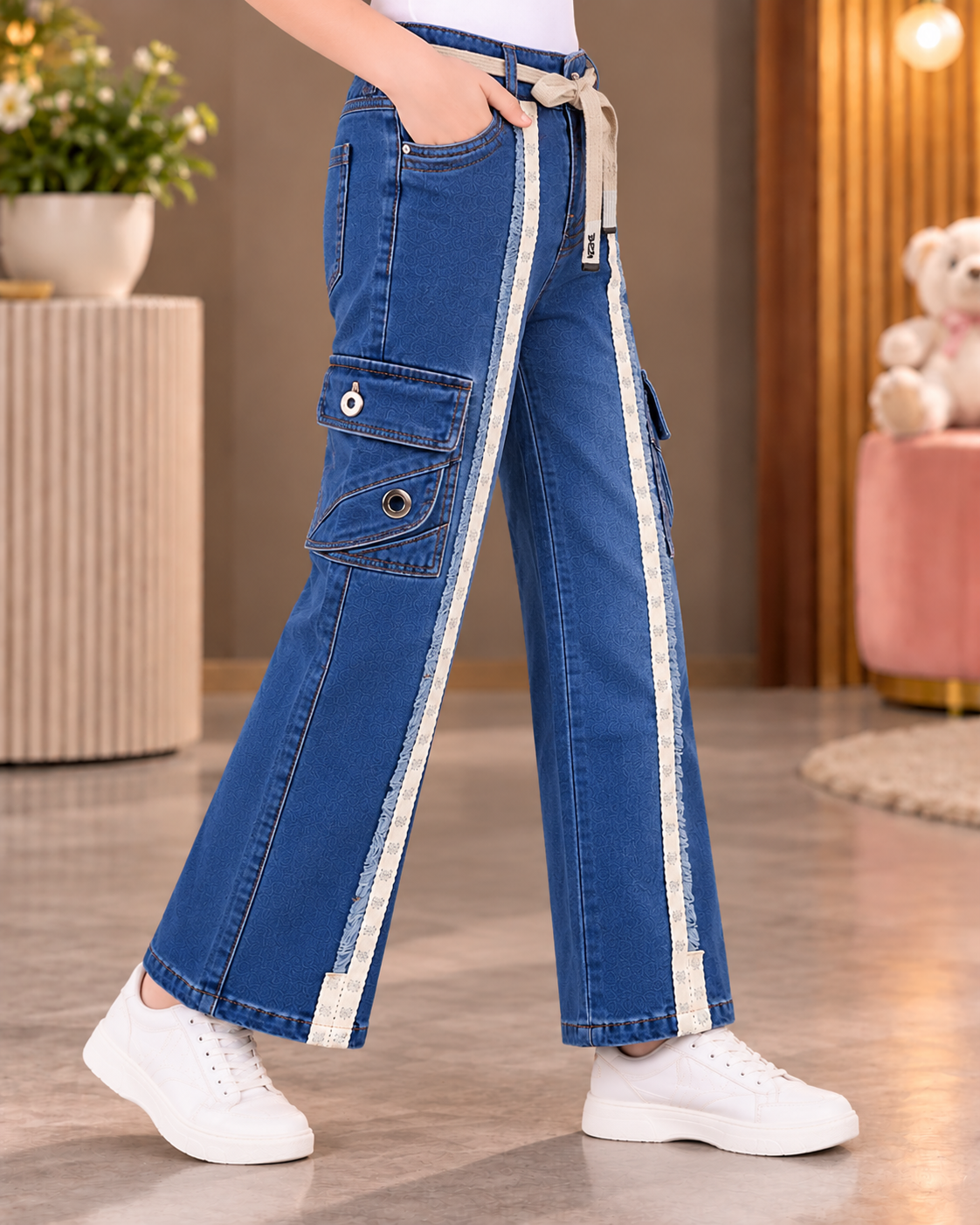25621PL Girls’ Trendy Blue Denim Cargo Pants – Wide Leg Fit with Utility Pockets & Contrast Tape Detail 25621PL-30-BLU - Image 3