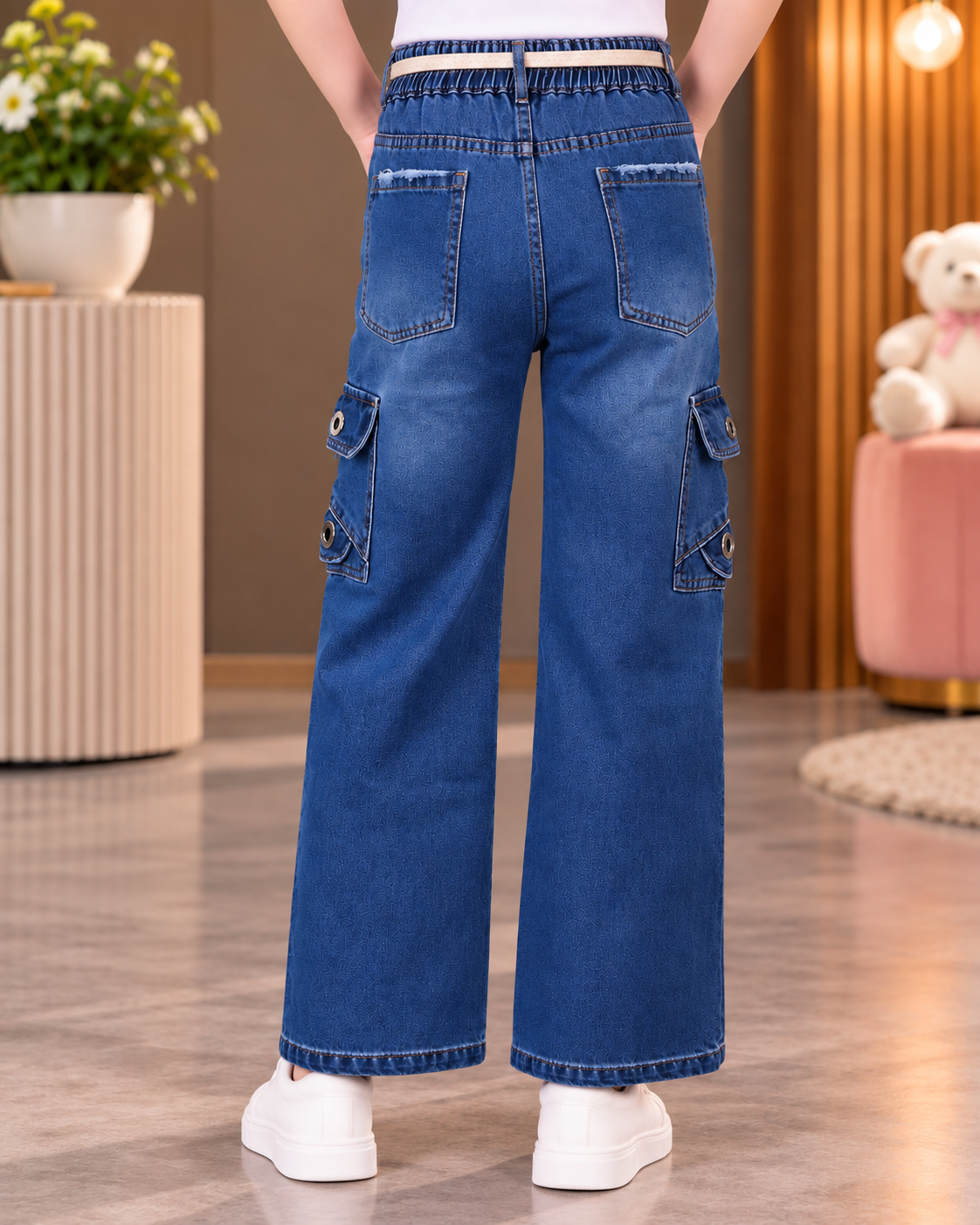 25621PL Girls’ Trendy Blue Denim Cargo Pants – Wide Leg Fit with Utility Pockets & Contrast Tape Detail 25621PL-30-BLU - Image 4