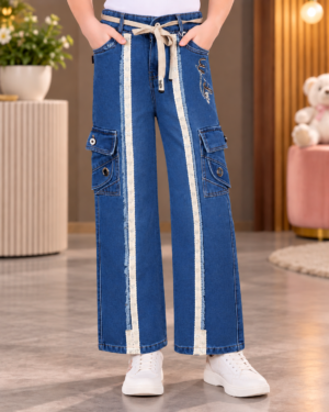 25621PL Girls’ Trendy Blue Denim Cargo Pants – Wide Leg Fit with Utility Pockets & Contrast Tape Detail 25621PL-30-BLU