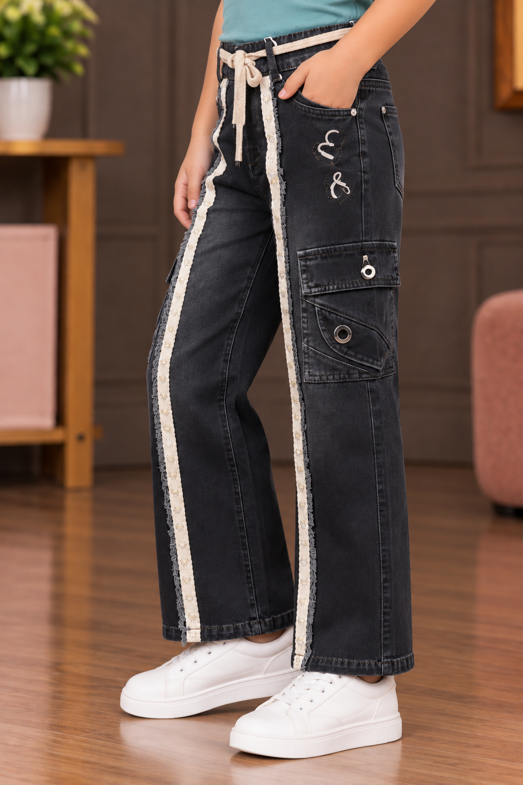 25621PL Girls’ Black Denim Wide-Leg Cargo Pants – Imported Fabric with Utility Pockets & Contrast Tape Detail 25621PL-30-GRY - Image 2