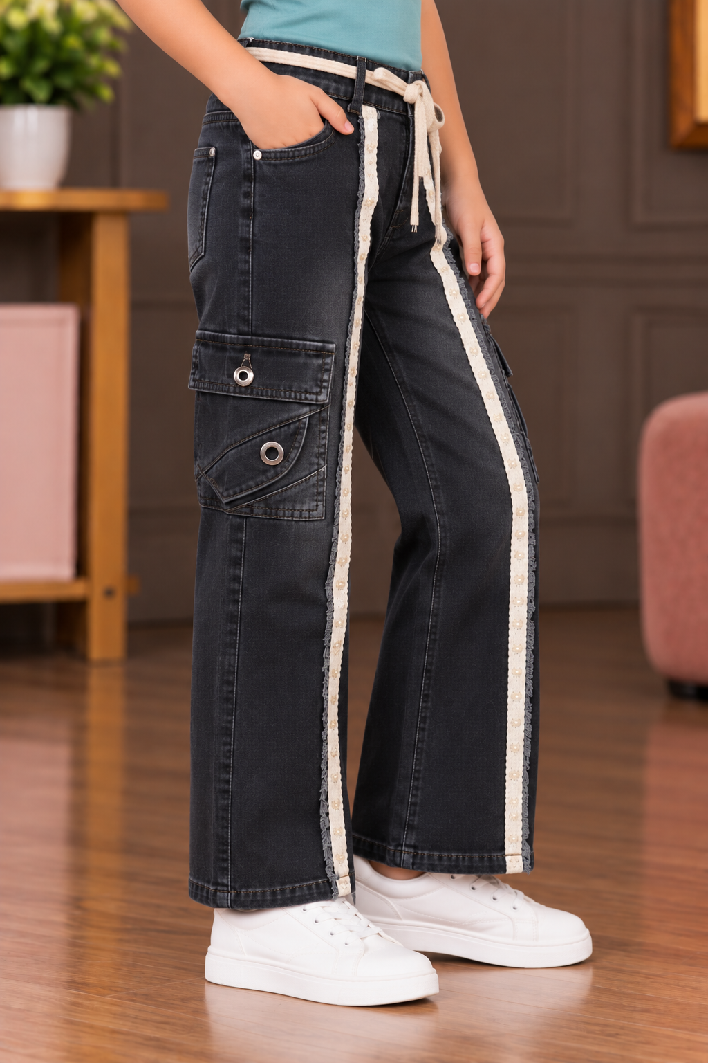 25621PL Girls’ Black Denim Wide-Leg Cargo Pants – Imported Fabric with Utility Pockets & Contrast Tape Detail 25621PL-30-GRY - Image 4