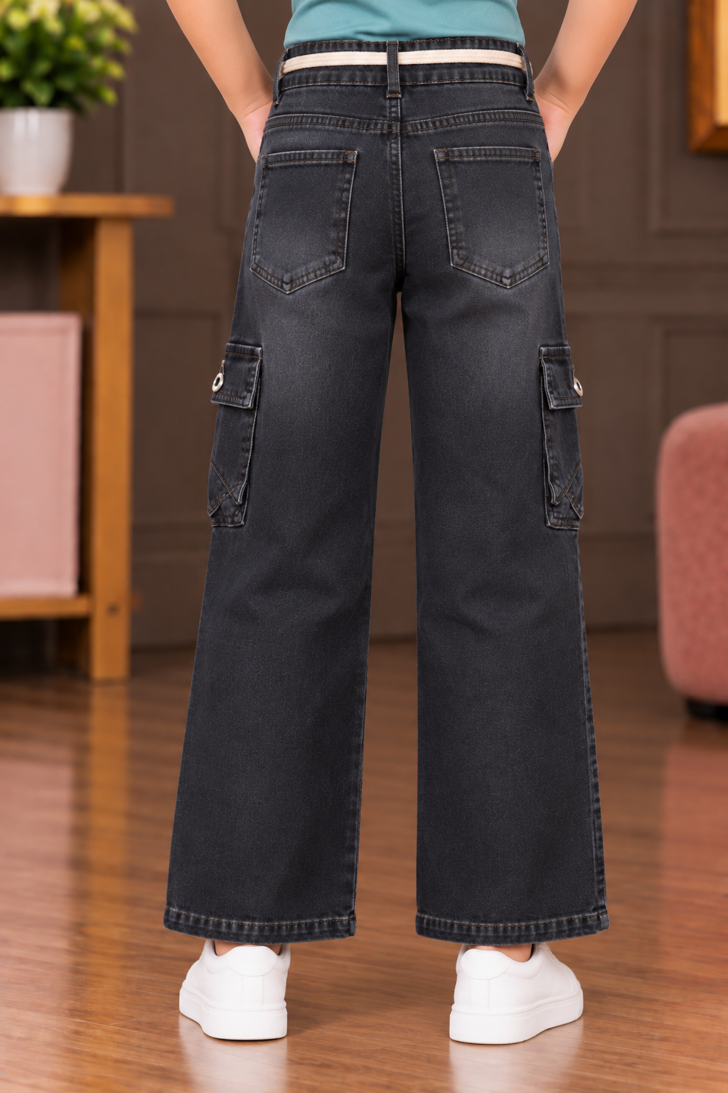 25621PL Girls’ Black Denim Wide-Leg Cargo Pants – Imported Fabric with Utility Pockets & Contrast Tape Detail 25621PL-30-GRY - Image 3