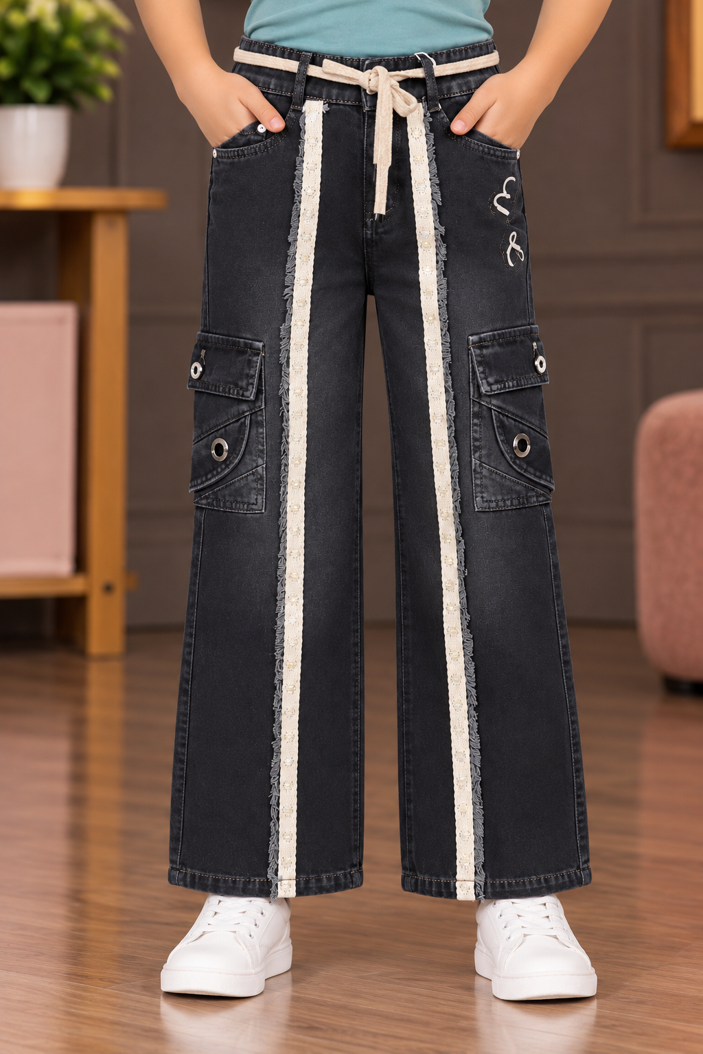 25621PL Girls’ Black Denim Wide-Leg Cargo Pants – Imported Fabric with Utility Pockets & Contrast Tape Detail 25621PL-30-GRY