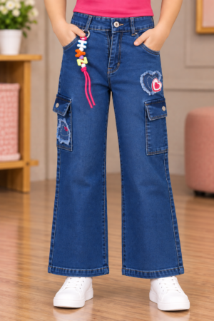 CPD334 Girls’ Blue Straight-Fit Denim Cargo Pants – Imported Fabric with Heart Patches & Utility Pockets CPD334-277-D BLU