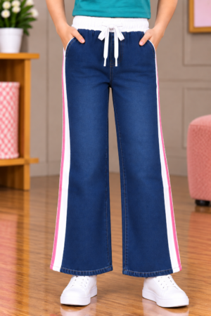 25745PL Girls’ Blue Straight-Fit Denim Pants – Imported Fabric with Contrast Side Stripes & Tie-Up Waist 25745PL-30-D BLU