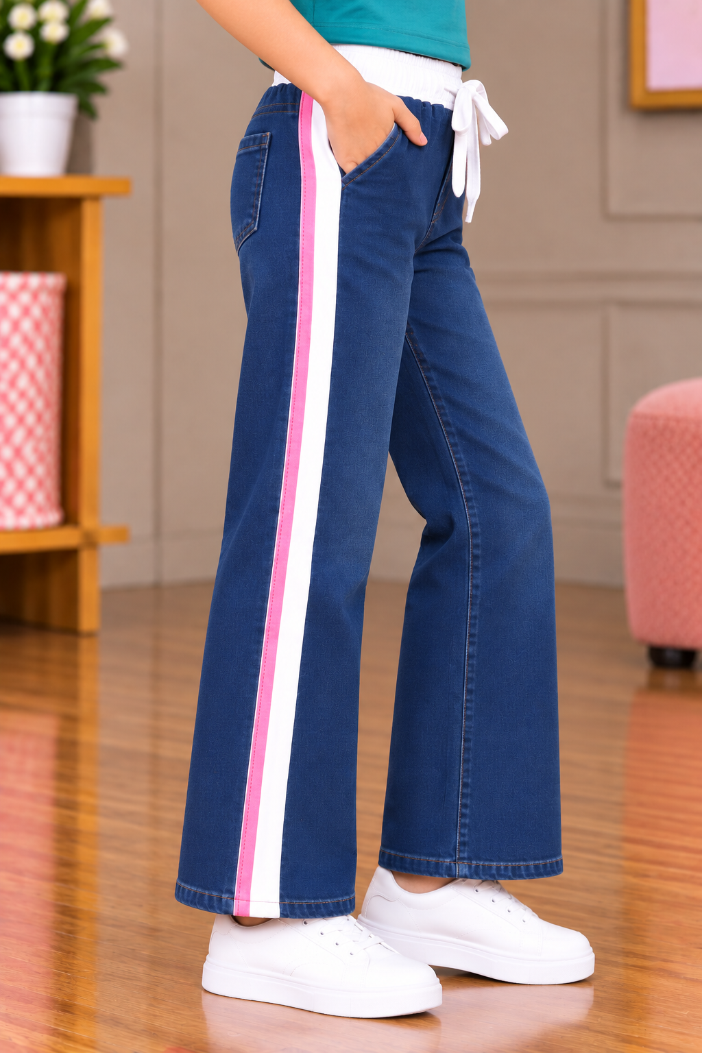 25745PL Girls’ Blue Straight-Fit Denim Pants – Imported Fabric with Contrast Side Stripes & Tie-Up Waist 25745PL-30-D BLU - Image 4