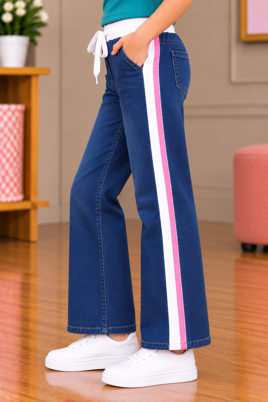 25745PL Girls’ Blue Straight-Fit Denim Pants – Imported Fabric with Contrast Side Stripes & Tie-Up Waist 25745PL-30-D BLU - Image 3