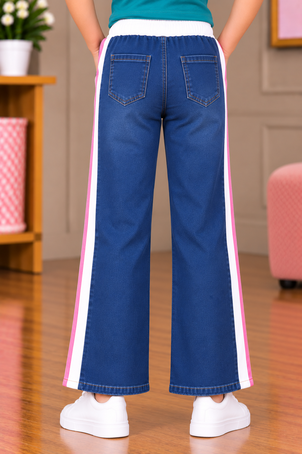 25745PL Girls’ Blue Straight-Fit Denim Pants – Imported Fabric with Contrast Side Stripes & Tie-Up Waist 25745PL-30-D BLU - Image 2