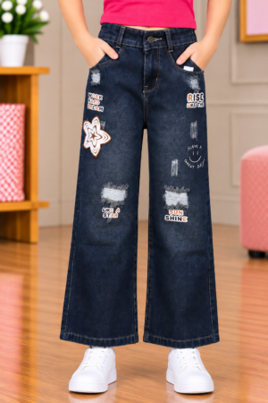 25200 Girls’ Trendy Dark Tint Straight-Fit Denim Pants – Imported Fabric | Graphic Print & Distressed Detail 25200-30-TINT