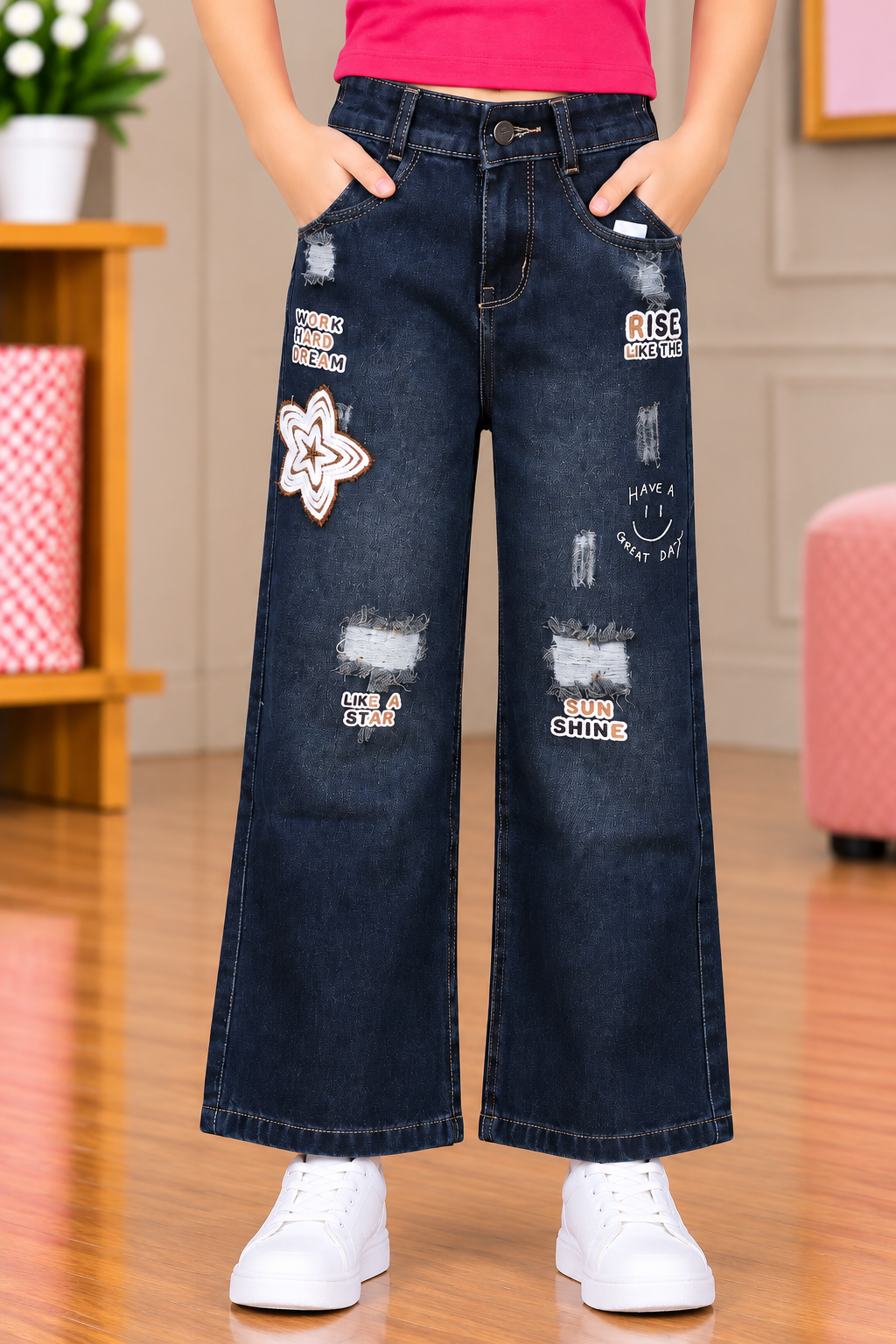 25200 Girls’ Trendy Dark Tint Straight-Fit Denim Pants – Imported Fabric | Graphic Print & Distressed Detail 25200-30-TINT