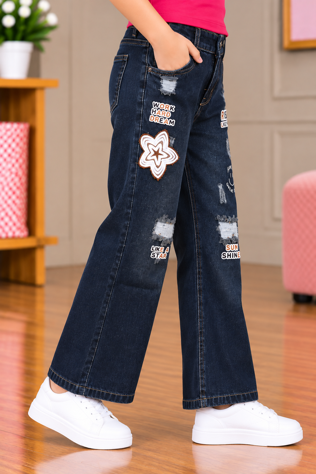 25200 Girls’ Trendy Dark Tint Straight-Fit Denim Pants – Imported Fabric | Graphic Print & Distressed Detail 25200-30-TINT - Image 4