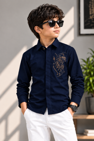 7206EM Boys’ Navy Blue Lion Embroidered Full-Sleeve Shirt – Japanese Fabric 7206EM-467-NVY