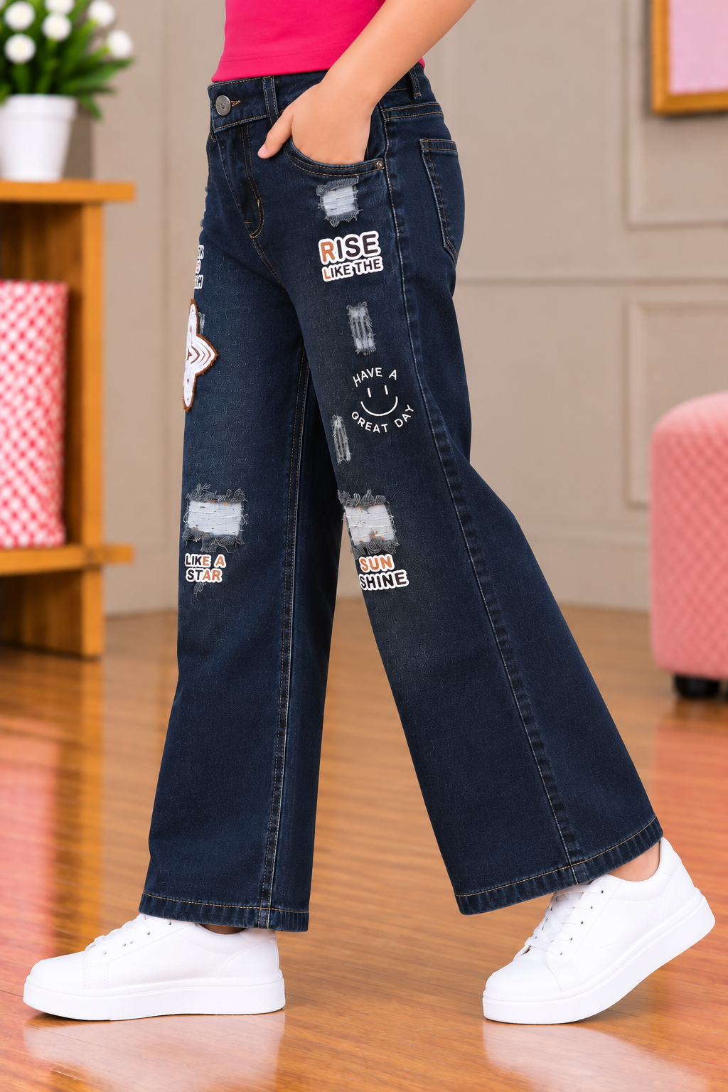 25200 Girls’ Trendy Dark Tint Straight-Fit Denim Pants – Imported Fabric | Graphic Print & Distressed Detail 25200-30-TINT - Image 3