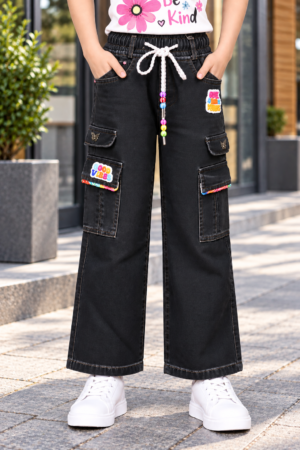 24905 Girls Black Wide-Leg Cargo Jeans with Utility Pockets & Graphic Patches – Premium Imported Fabric 24905-30-GRY