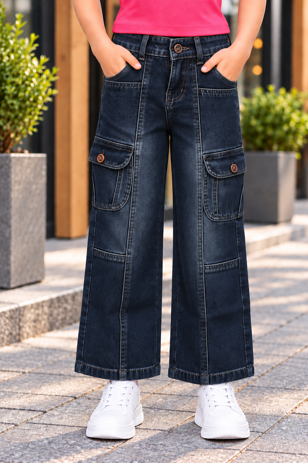 24735 Girls’ Tint Straight-Fit Denim Pants – Imported Fabric with Rope Belt & Butterfly Patch Detail 24735-30-TINT