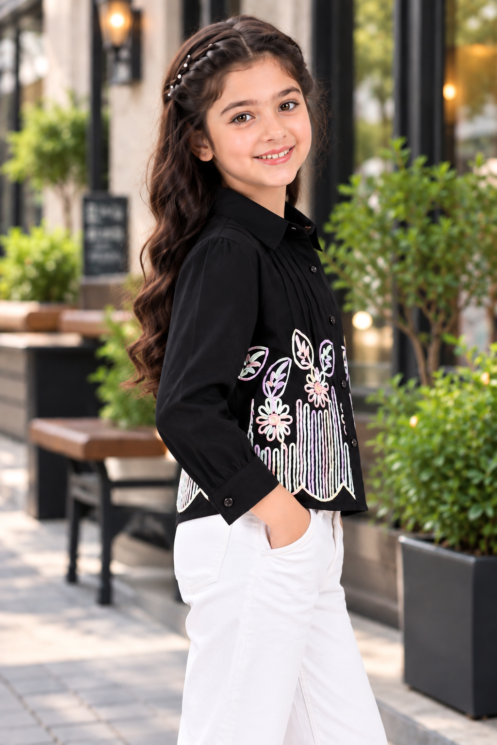 T1087FL Girls Black Floral Embroidered Cropped Shirt – Premium Imported Fabric T1087FL-218-BLK - Image 2