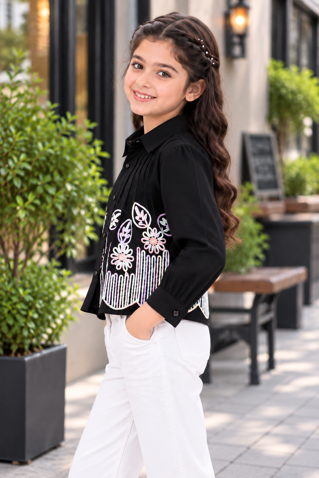 T1087FL Girls Black Floral Embroidered Cropped Shirt – Premium Imported Fabric T1087FL-218-BLK - Image 4