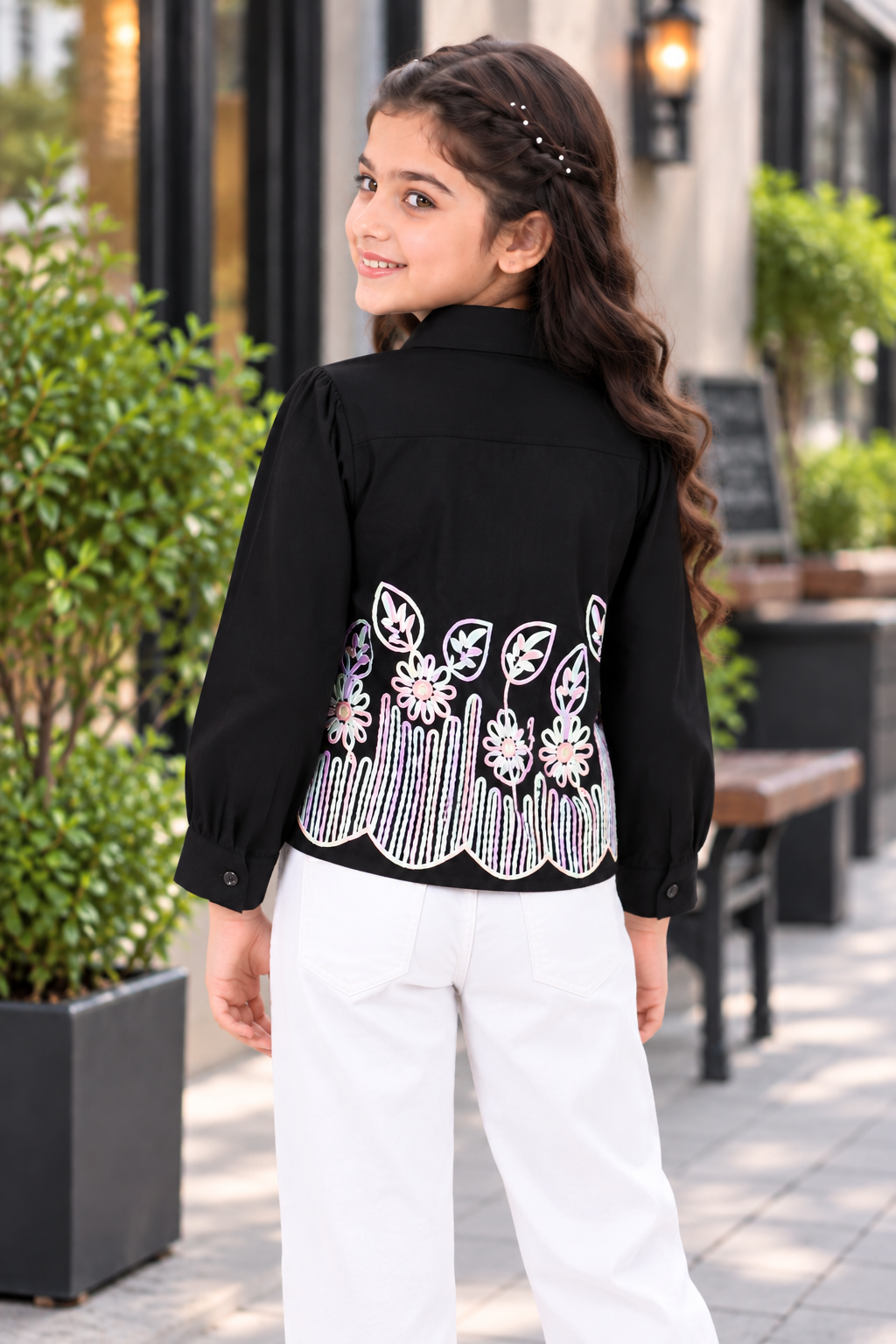 T1087FL Girls Black Floral Embroidered Cropped Shirt – Premium Imported Fabric T1087FL-218-BLK - Image 3