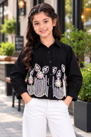 T1087FL Girls Black Floral Embroidered Cropped Shirt – Premium Imported Fabric T1087FL-218-BLK
