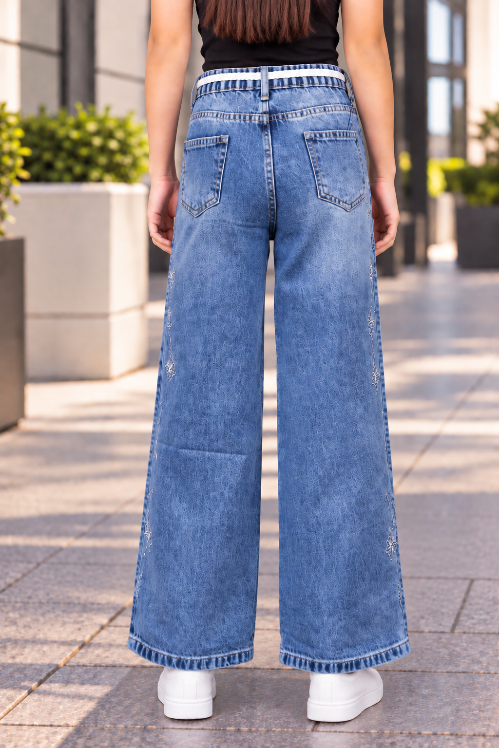 4340PL Girls’ Light Blue Wide Leg Denim Pant with Floral Embellishment 4340PL-261-L BLU - Image 4