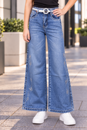 4340PL Girls’ Light Blue Wide Leg Denim Pant with Floral Embellishment 4340PL-261-L BLU