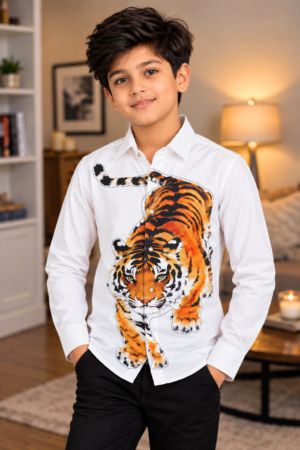 7245EM Boys’ White Tiger Graphic Full-Sleeve Shirt – Japanese Fabric 7245EM-467-WHT