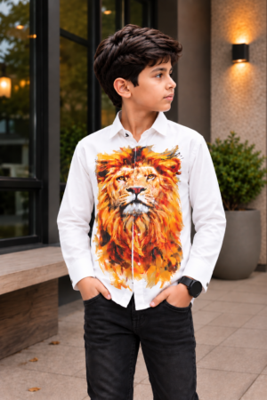 7227EM Boys’ White Lion Graphic Full-Sleeve Shirt – Japanese Fabric 7227EM-467-WHT
