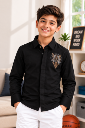 7265EM Boys’ Black Tiger Motif Full-Sleeve Shirt – Japanese Fabric 7265EM-467-BLK