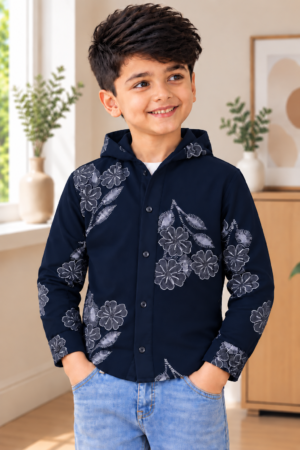 2207FL Boys’ Stylish Floral Printed Hooded Shirt – Imported Fabric 2207FL-193-D BLU