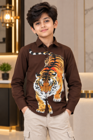7245EM Boys’ Brown Tiger Graphic Full-Sleeve Shirt – Japanese Fabric 7245EM-467-BWN