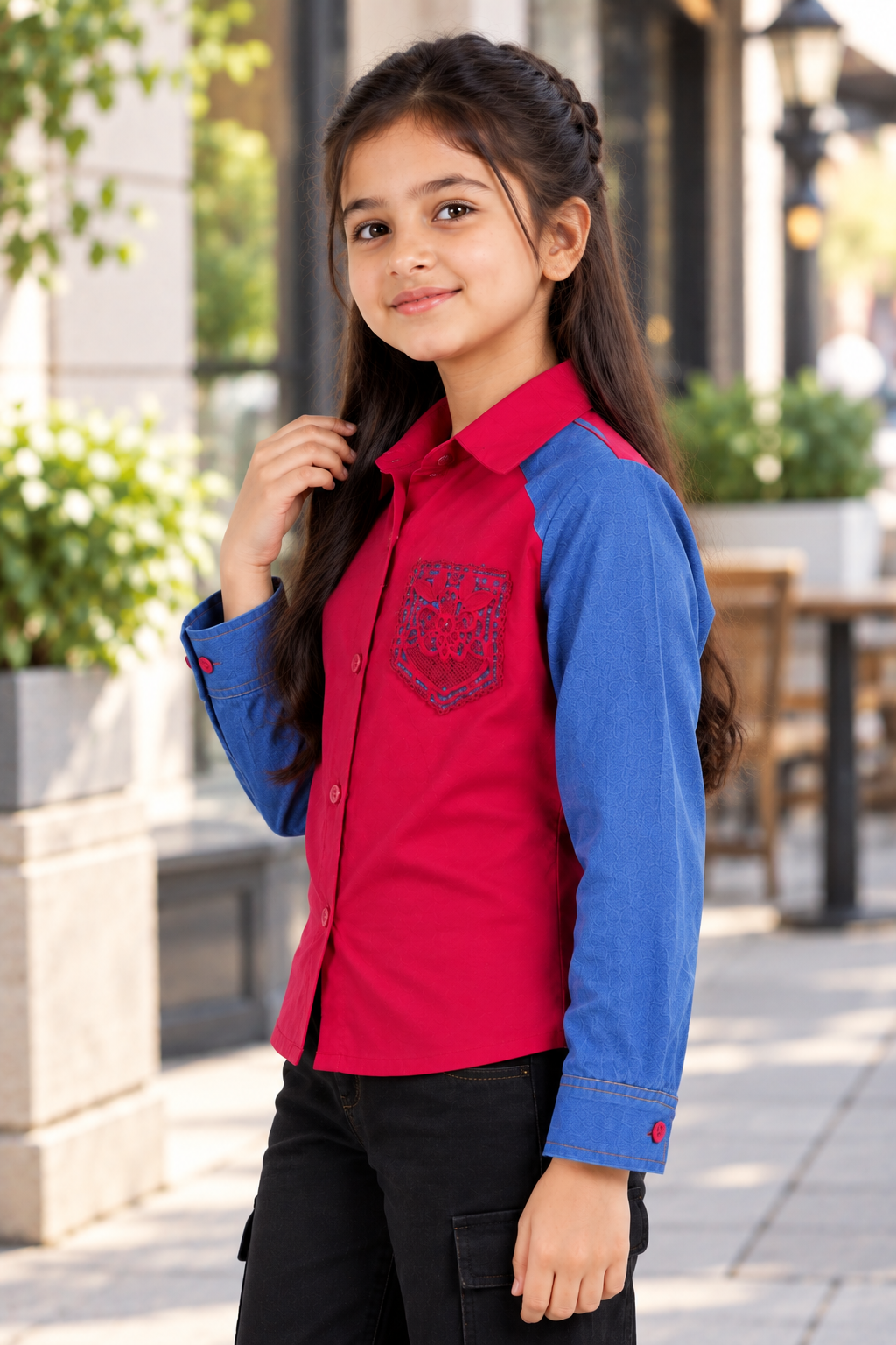 8034PL Girls Red & Denim Blue Contrast Full-Sleeve Shirt with Floral Pocket – Premium Imported Fabric 8034PL-394-RANI - Image 2