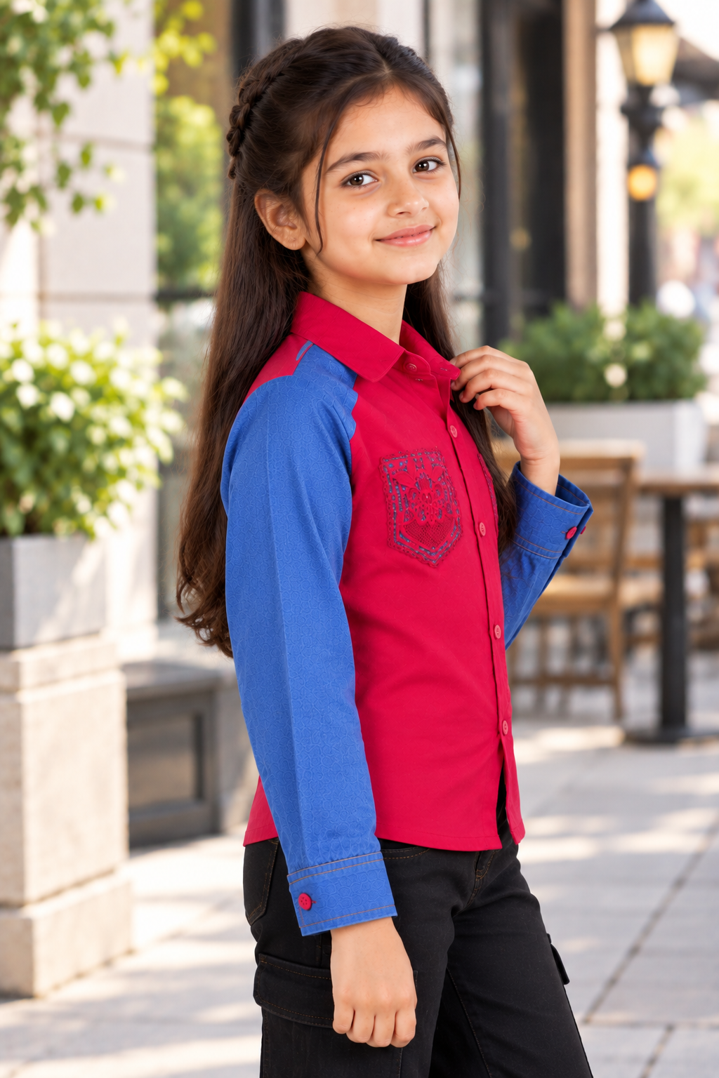 8034PL Girls Red & Denim Blue Contrast Full-Sleeve Shirt with Floral Pocket – Premium Imported Fabric 8034PL-394-RANI - Image 4